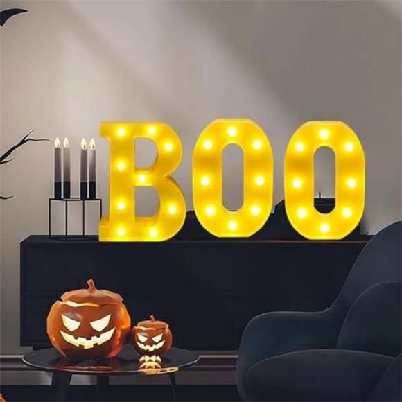 Halloween Decorations, BOO Lights Up Letters 8.7in BOO LED Marquee Sign, 3D Bats - Picture 5 of 8